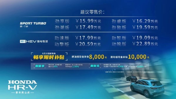15.99萬-22.89萬元 東風(fēng)本田HR-V上市 提供兩種動力模式